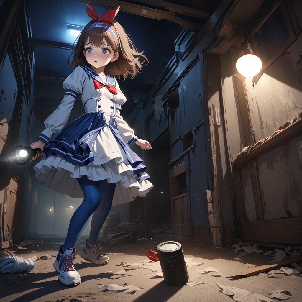 (Highest quality,4K,High resolution),Very detailed,Realistic, Japanese , Looks scared, Long brown hair,mysterious, Ecomodernism, Bokeh, Ribbon Headband,Small breasts,Futuristic Sailor Lolita Dress,Puff sleeves,White and blue,Colorful lighting, Red ribbon, Dark blue pantyhose,Sports boots, Have a flashlight, Walking alone through a haunted abandoned house, At night, Low Light, darkness, Very detailed, 4K. Blue tights, tumble, Fall down