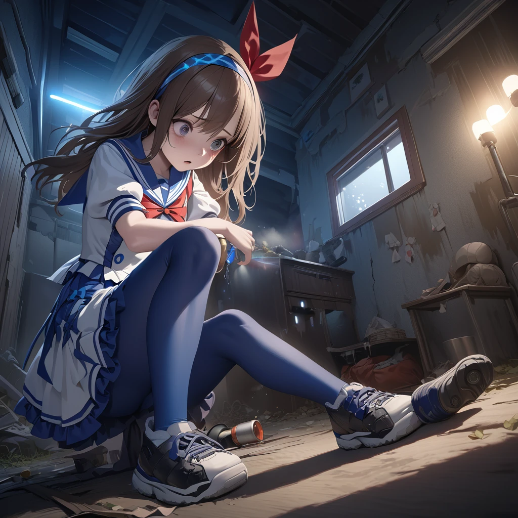 (Highest quality,4K,High resolution),Very detailed,Realistic, Japanese , Looks scared, Long brown hair,mysterious, Ecomodernism, Bokeh, Ribbon Headband,Small breasts,Futuristic Sailor Lolita Dress,Puff sleeves,White and blue,Colorful lighting, Red ribbon, Dark blue pantyhose,Sports boots, Have a flashlight, Walking alone through a haunted abandoned house, At night, Low Light, darkness, Very detailed, 4K. Blue tights, tumble, Fall down