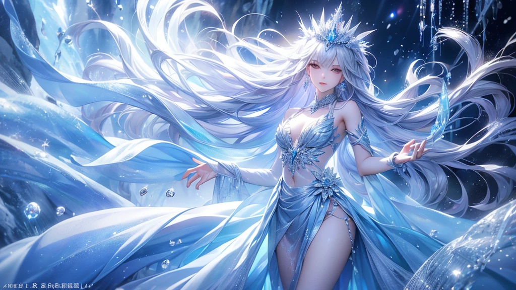 (1/2 photos:1.5)wood, Exquisite mini ice spikes and crystals, A frozen waterfall in the background, Light reflected by ice crystals, Flowing snowflakes.1 girl、pretty girl,A realistic person,Beautiful cleavage,((small breasts)),Thin legs、Tight waist、standing