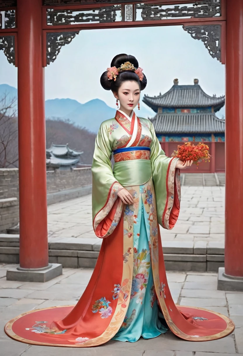 The Empress is standing naked, without underwear, showing her large breasts, hairy lower abdomen, and pubic hair.、
Her hair is tied up and pulled up with a gorgeous flower ornament on both sides.、The background of the crowning of the Qing Dynasty empress is the stone paving outside the palace of the Qing Dynasty China.