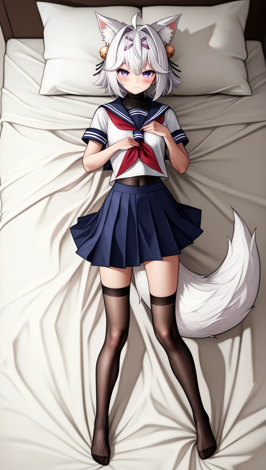 Dakimakura, UHD, Masterpiece, best quality, detailed, sharp focus, midnight, ((studio lighting)), front light, full body light, well-lit face, soft light, diffuse light, shade, no shadow, messy bed, lying on bed, 1girl, solo, filian, fox tail, cat ears. white hair, short hair, ahoge, hair clip, hair bell, )big eyes), [purple eyes], blush, closed mouth, light smile, small breast, serafuku, red neckerchief, swimsuit under clothes, covered navel, blue skirt, black thighhigh, slim arms, slim legs, Eye-Level shot, full body pose, innocent pose, front view