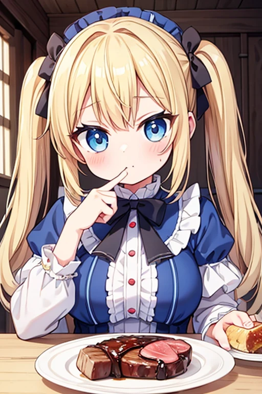 Eat a giant steak,Highest quality,Blonde with blue eyes、****ta、Small breasts、Twin tails、girl&#39;Mischievous Smile,Holding a fork and knife,