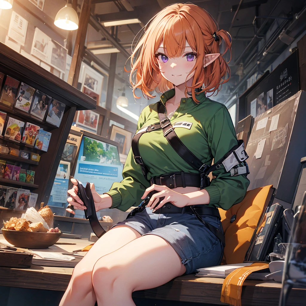 Sunglasses on forehead, Have a swim ring, Beach, Bitch, Elf Ears, Highest quality,Best image quality,Perfect Anatomy,masterpiece,Very detailedな,beautiful,super high quality, Highest quality,High resolution, Very detailed,Game CG,Dutch Angle ,beautiful細部までこだわった目,Visual Arts,Five Fingers, Perfect hands,Hide your hands, {{{One Girl}}}, beautiful詳細な女の子, Game CG, Spring flower, One curl on the outside, Short Bob Hair, Pastel orange hair, Purple eyes,Stylish accessories solo, Breast augmentation, Medium Shot, woman, Take-out, Laughter, Giant thighs ,Green shirt and denim hot pants, Black Knee High, Open your mouth, wonderful, beautiful細部までこだわった目, Highest quality, Very delicate,Masseter region,Highest quality,(Official Art、Highest quality、unity 8k wallpaper、32K、masterpiece、Very detailedな、超High resolution、Realistic、Realistic:1.2)、(Cinema Lighting:1.2)、The most grainy shadows on the film、Side light、Side Shot、(Very detailedなで複雑な3Dレンダリング)、Atelier Series,