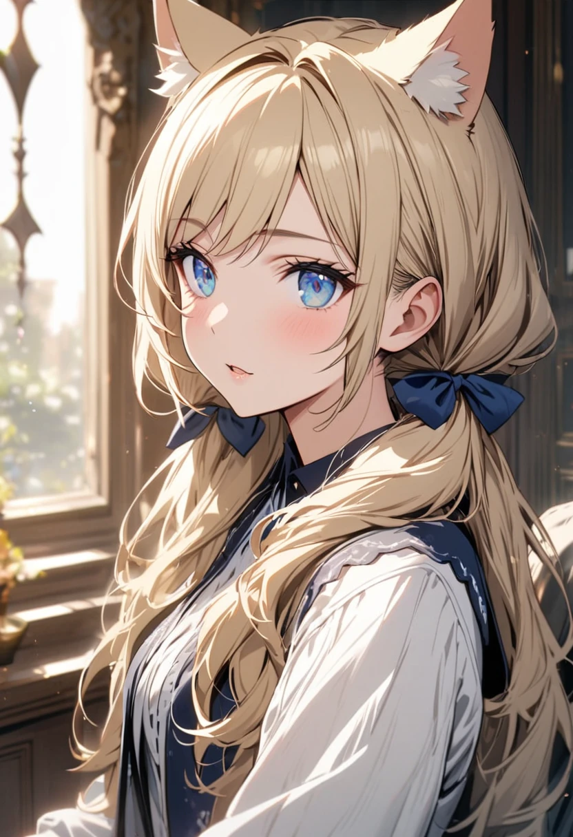 girl,  blond hair, long hair, low twin tails, cat ears, beautiful, high detail, pretty, blue eyes