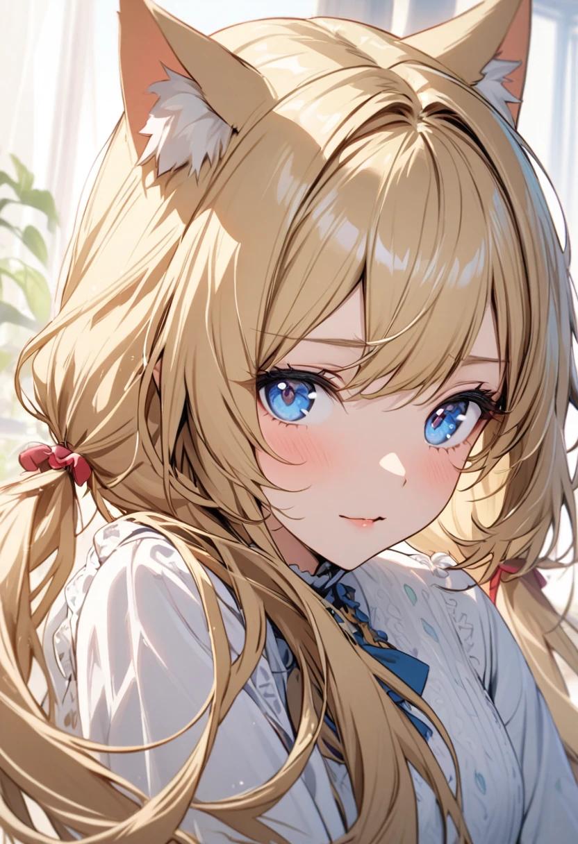 girl, blond hair, long hair, low twin tails, cat ears, beautiful, high detail, pretty, blue eyes