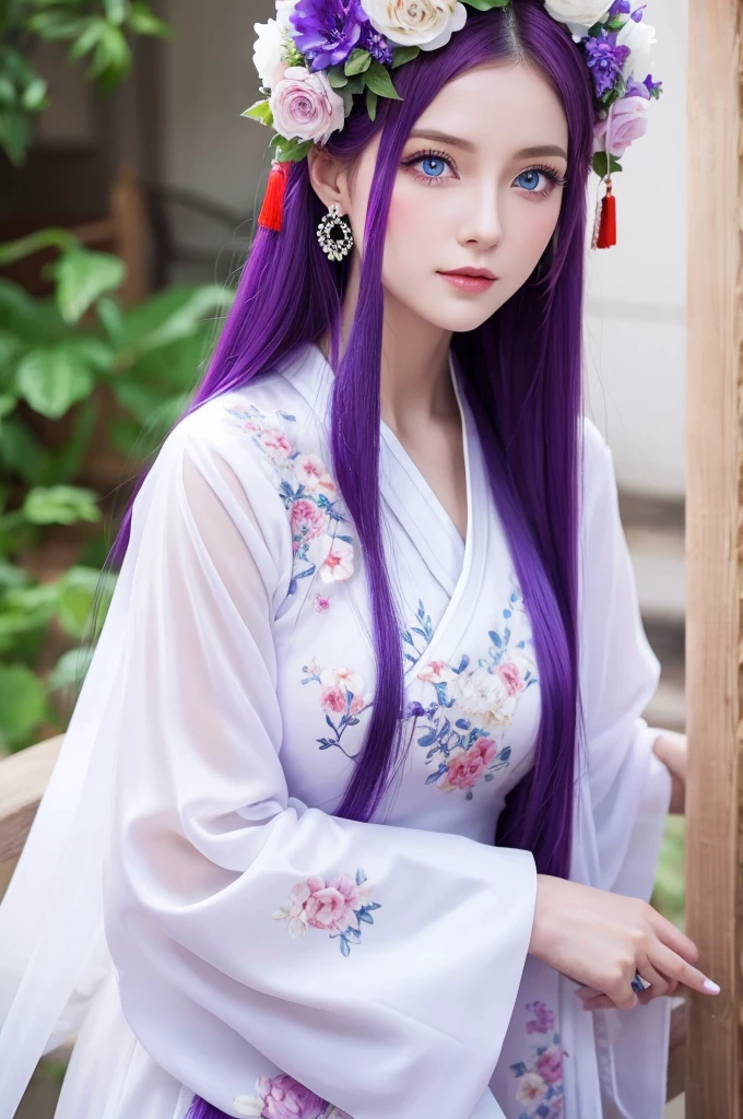 Purple hair, blue eyes, beautiful white woman, long hair, Chinese dress, flower decoration on head, front 