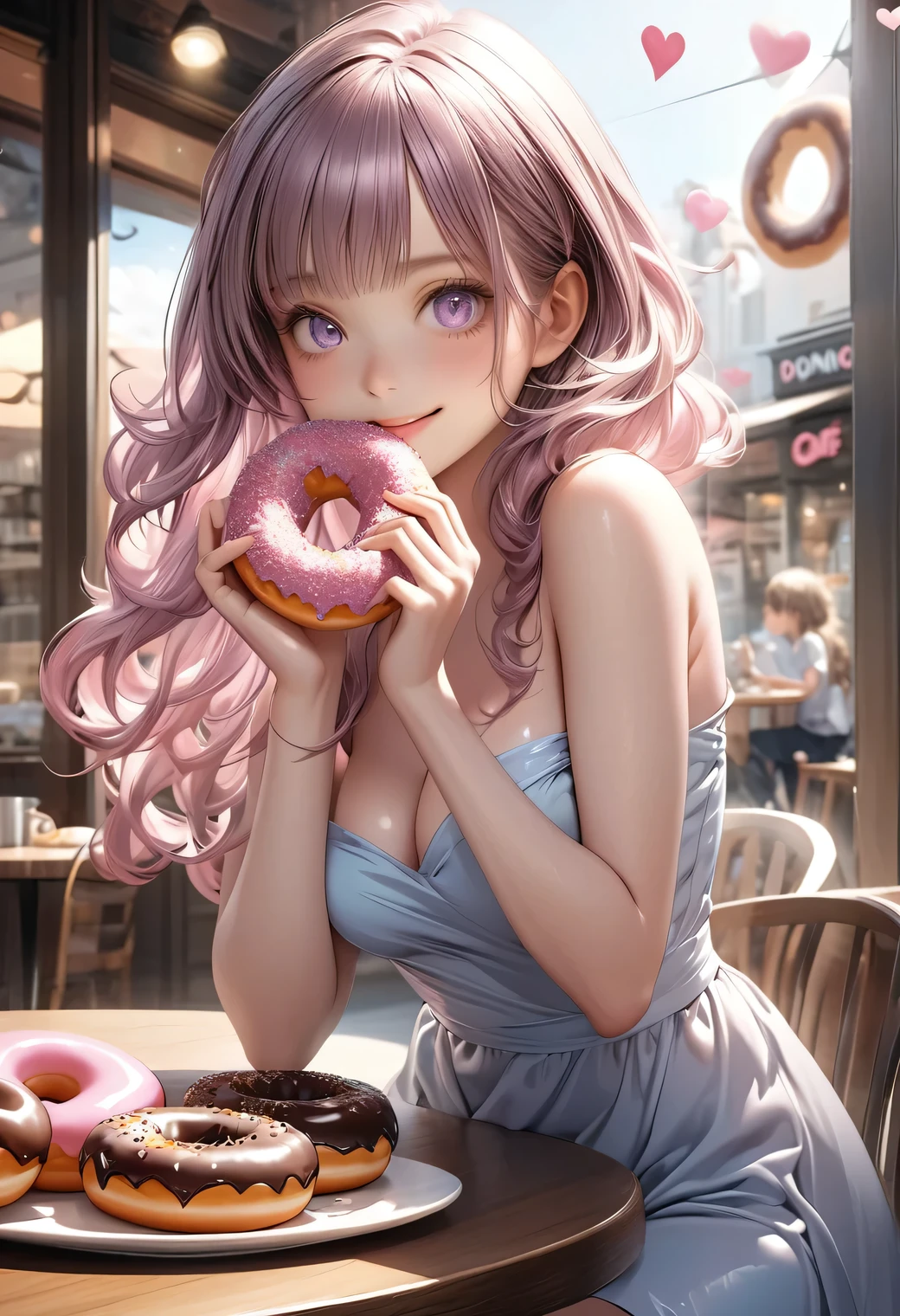 ((donuts cafe)), cute illustrations:1.2, masterpiece:1.2, highres, ultra detailed, 16k, CG, highest quality, surreal, extremely shiny skin, beautiful detailed eyes, perfect anatomy, perfect hands , perfect fingers, perfect legs, highly detailed background, natural lighting, subtle soft Light, perfect lighting, (hyper realistic, illustration, 2D:1.3), (face focus: 1.4), (from below: 1.2),(1 girl, cute, very smiling, medium-breasts), (medium wavy hair, blunt bangs), purple dip-dyed hair, medium hair pink eyes, big eyes, holding a donut, eating a donut:1.4, dynamic pose, cute sundress, bare-shoulder, strapless, clevage, (table with donuts in the foreground: 1.2), hearts