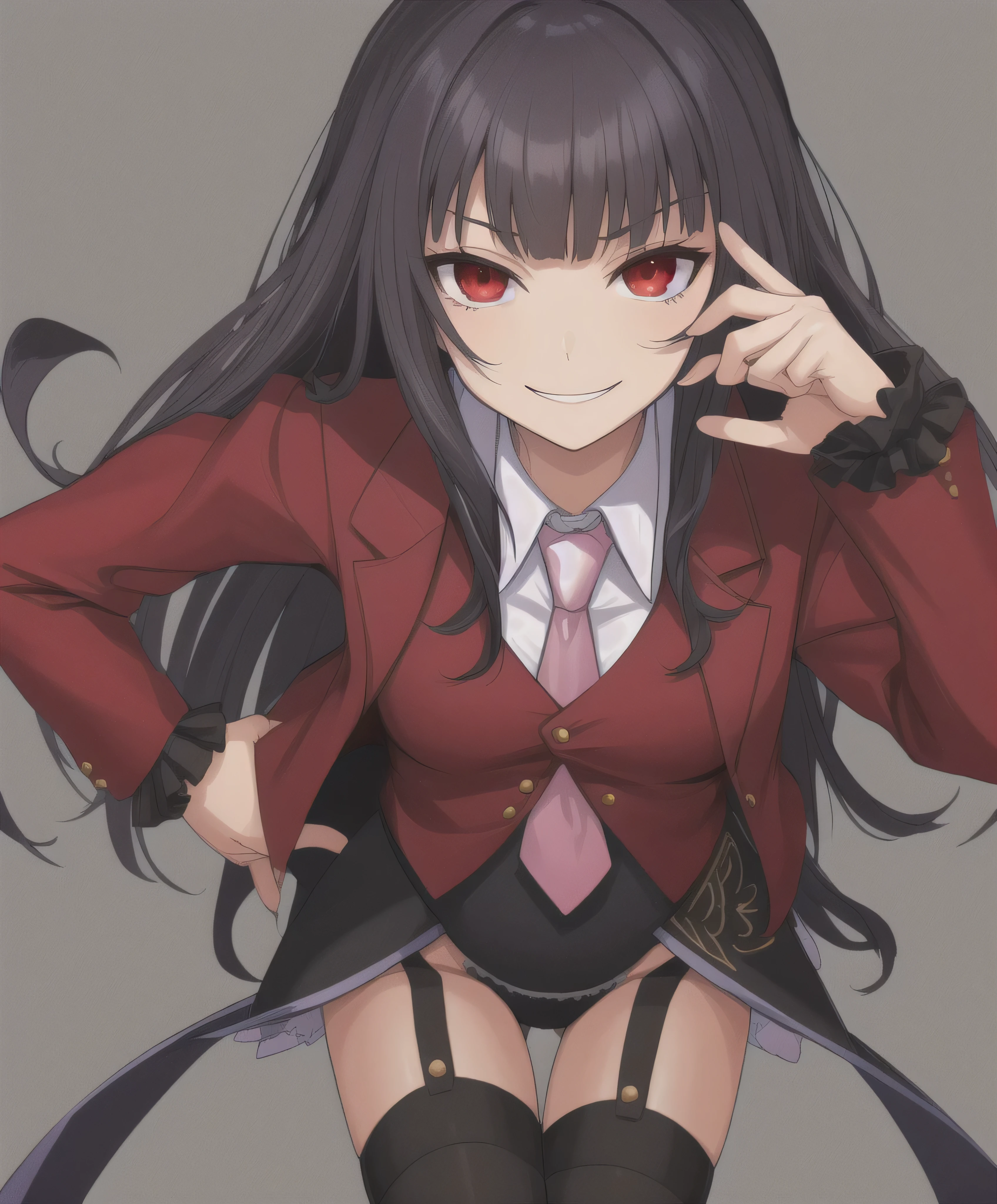 lucifer \(umineko\), red eyes, black hair, hime cut, straight hair, red jacket, cropped jacket, white shirt, undershirt, collared shirt, frilled leotard, garter straps, black thighhighs, (((umineko no naku koro ni)))   sadistic smile,deep shaded face,,smile worst,worst ridecule,evil moukery,,,two hands,five fingers,black background,A face full of evil,Too evil ridicule,two legs,