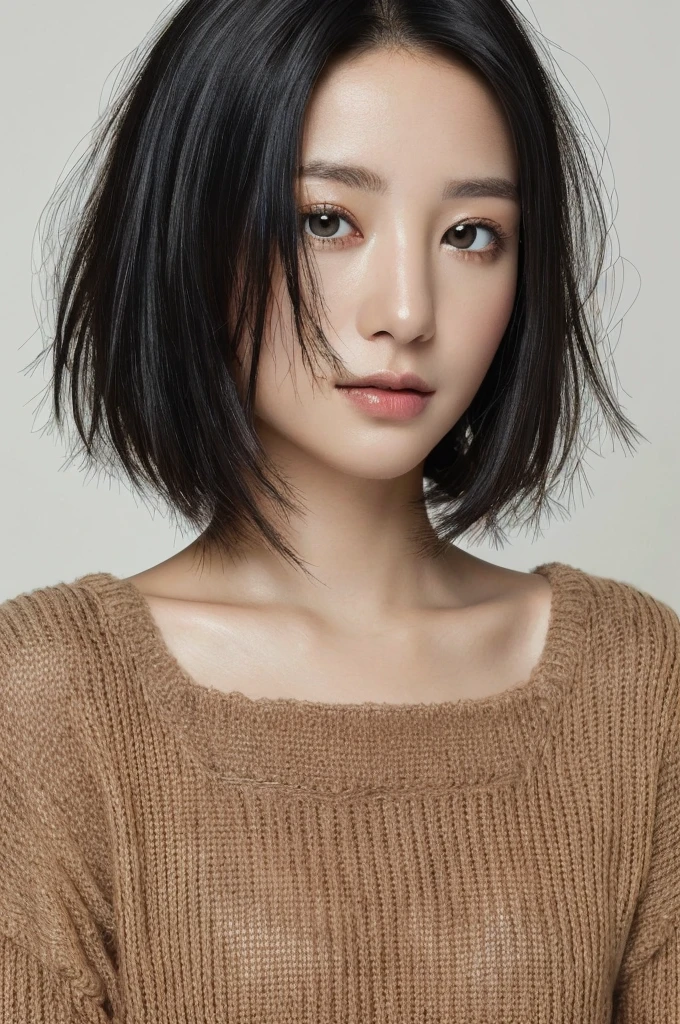 Masterpiece: 1.3), (8k, photorealistic, RAW photo, top quality: 1.4), (1girl), beautiful face, (realistic face), (black hair, short hair: 1.3), beautiful hairstyle, realistic eyes, beautiful detail eyes, (realistic skin), beautiful skin, (sweater), absurd, attractive, ultra high resolution, ultra realistic, high definition, golden ratio