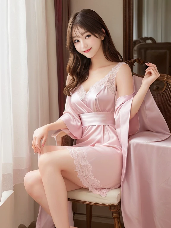 Photo-realistic quality、There is a woman sitting in a chair wearing a pale gray-pink dress., Beautiful Japanese Model、Lovely女性, satin, Lace dress,V-shaped clothing with an open neckline, ,Sexy dress, pastel pink robes, Lovely, Thin dress, looking at the camera、Detailed and beautiful eyes、Cute smile、A soft and gentle look