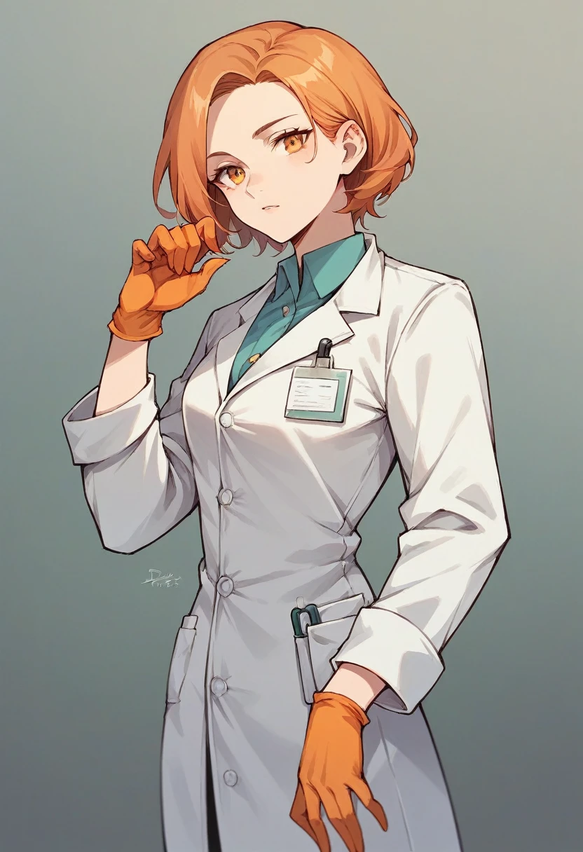 1girl, square haircut, ((orange surgical gloves)), ((((long sleeves)))), looking at viewer, ((white doctor outfit)), standing, solo
