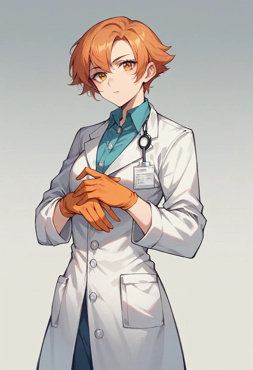 1girl, square haircut, ((orange surgical gloves)), ((((long sleeves)))), looking at viewer, ((white doctor outfit)), standing, solo