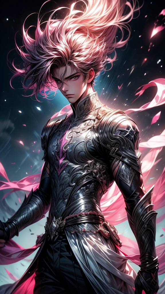 Masterpiece, best quality, high resolution, highly detailed, 1 young boy ( teenager 18 years old), young handsome face, pink hair ( light in the hair), blue eyes ( glowing eyes ), cold expression ( cold look ), wearing white and white clothes and pants, , surrounded by the splendors of the universe, pay attention to stunning details, and achieve a resolution of k, floating in a dynamic pose, high quality, with a majestic pink aura of authority. Pink aura emanating from the character, cold look, devoid of any emotion, dark background, detailed eyes, detailed face, handsome,