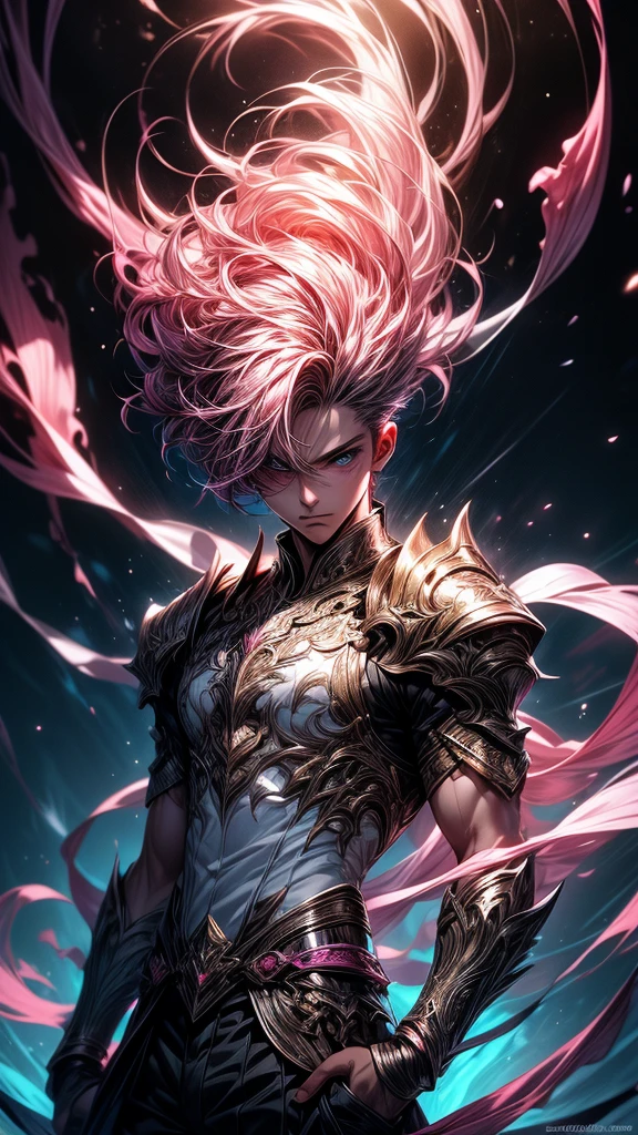 Masterpiece, best quality, high resolution, highly detailed, 1 young boy ( teenager 18 years old), young handsome face, pink hair ( light in the hair), blue eyes ( glowing eyes ), cold expression ( cold look ), wearing white and white clothes and pants, , surrounded by the splendors of the universe, pay attention to stunning details, and achieve a resolution of k, floating in a dynamic pose, high quality, with a majestic pink aura of authority. Pink aura emanating from the character, cold look, devoid of any emotion, dark background, detailed eyes, detailed face, handsome,