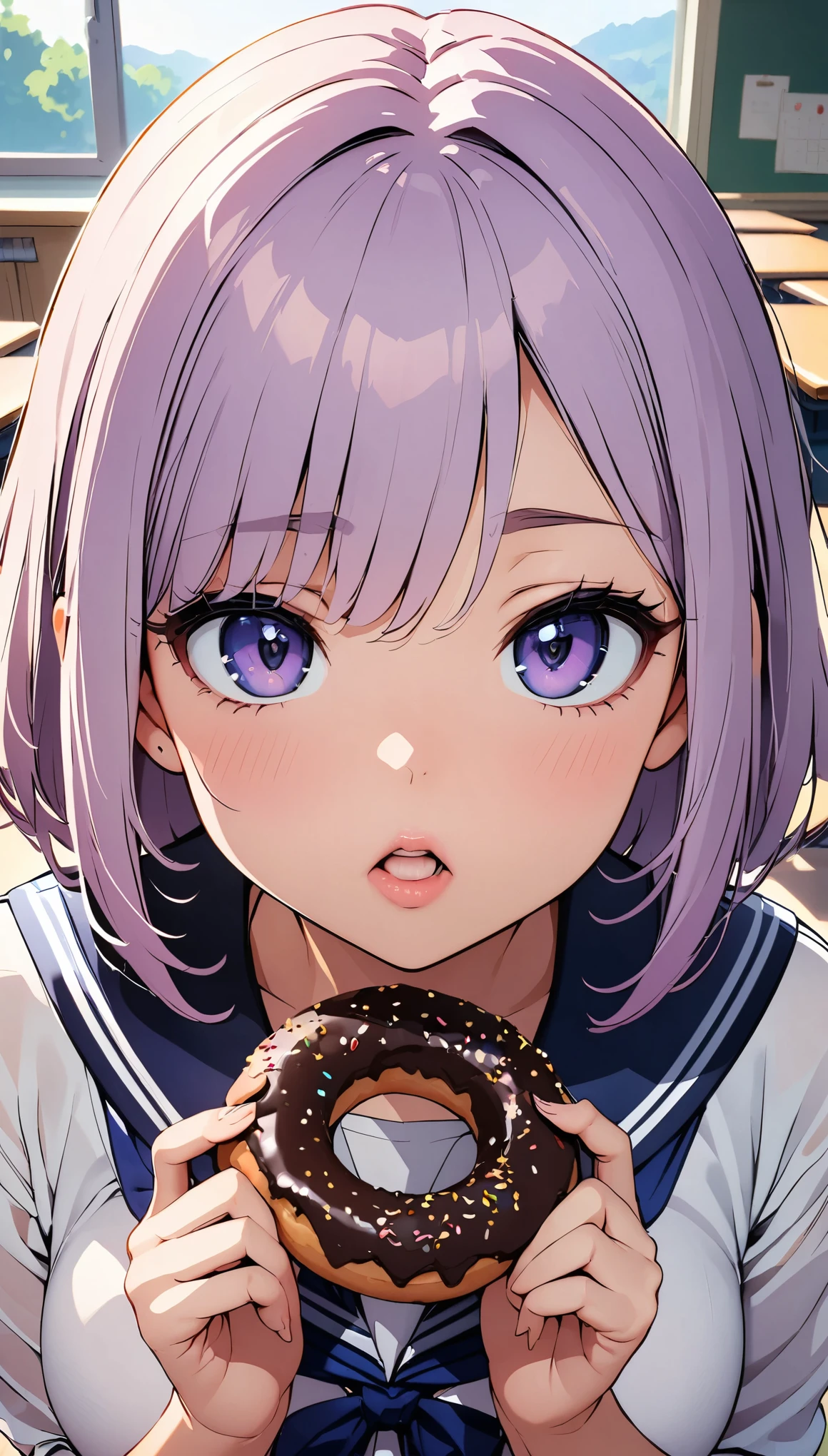 18 year old beautiful girl, JK, Sailor suit, masterpiece:1,2, Highest quality, 8K Animation, ((Thin fingers, Accurate Fingers:Thumb 1４)), Fingers holding a donut, School classroom background, 1 girl, alone, Light purple medium length hair, View your viewers:1.2, Chocolate Donuts, Open your mouth and suck, Glossy Lips, Looking up:1.2, focus on lips, Face Up Shot