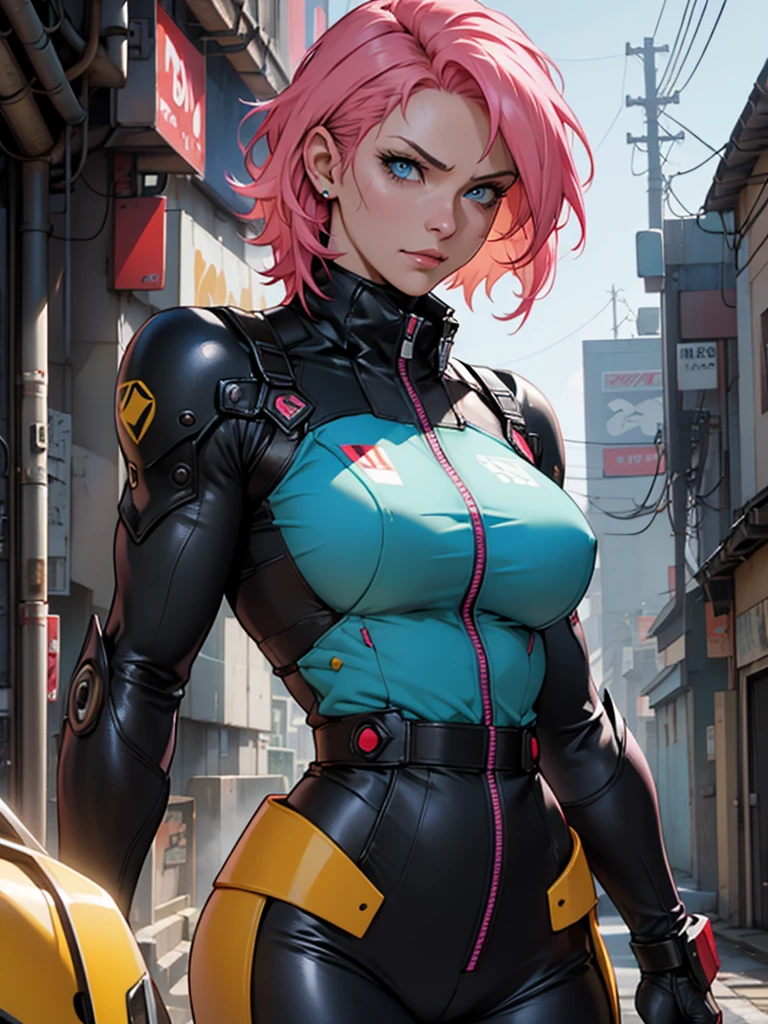 Fake body and , Mature woman in metal rising revengeance body details, foto de busto, big pink hair, shining blue eyes, wearing a mustard yellow jumpsuit, breasts big, looking 35 years old, eye on the spectator, Look to the camera, , the background is a cyberpunk city, revegeance expression, foco no rosto, de frente, foco no busto, riaden armor of metal gear rising, busty woman, eyeshield