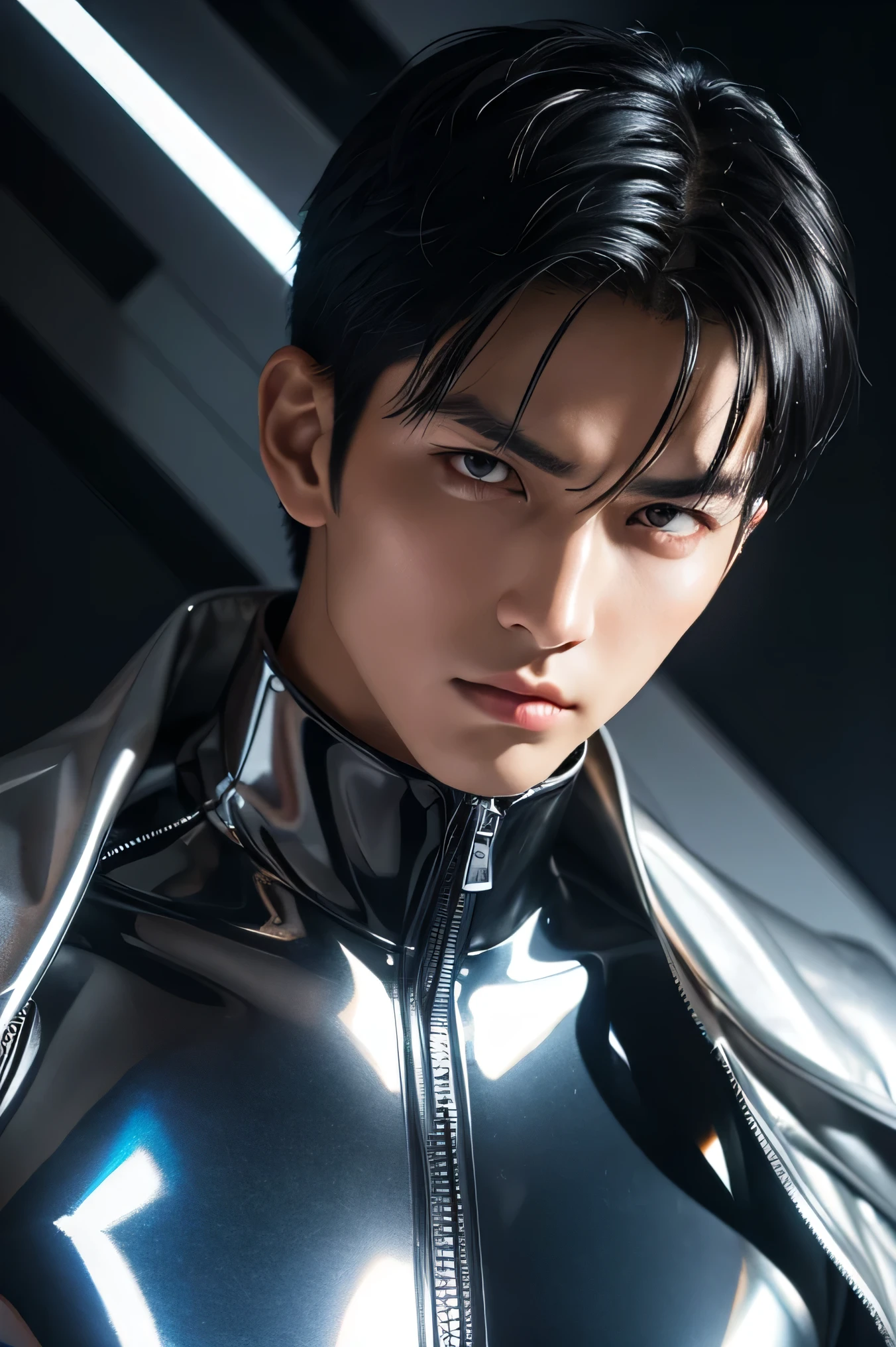 Japanese male handsome model Black Hair Short cut G-I-A-CUT looking at the camera Shiny full-body silver suit Shiny silver latex suit Fierce face Handsome future Metal Body grim stare gaze Sad expression Moist eyes Face close-up Close-up of eyes