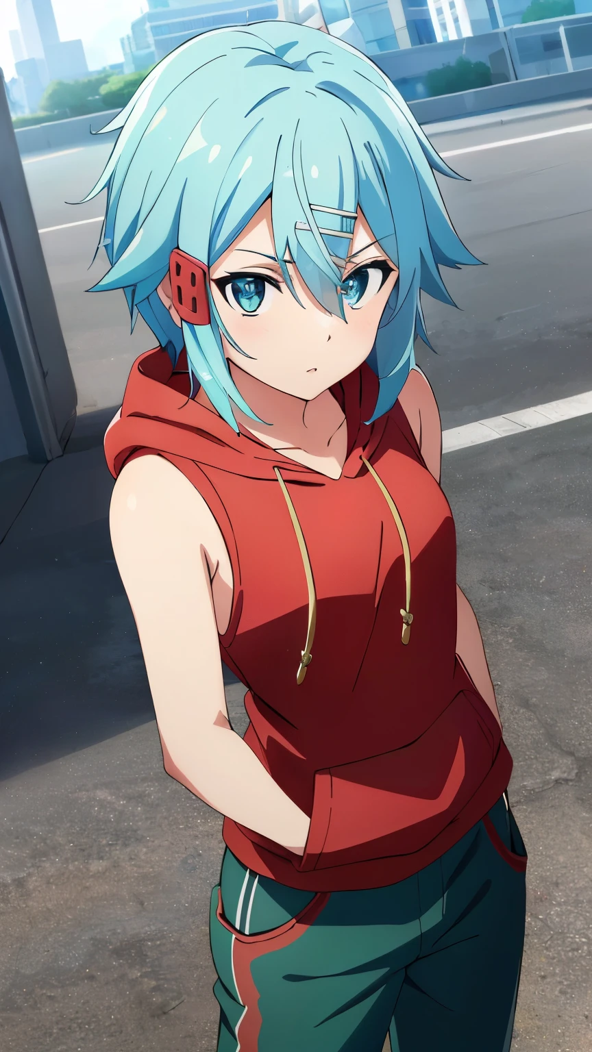 (Top Quality, Masterpiece, 8k:1.2), Ultra Detailed, High Resolution, (Anime:1.3), 1 Girl, Solo, EPsoaSinon, Short Hair, Light Blue Hair, Detailed Jewel Eyes, Hair Between Eyes, (Hair Accessory:1.2), Hair Clip, Side Locks, (red hoodie, sleeveless, pants, city), dynamic Angle, Cowboy Shot,looking at viewer,