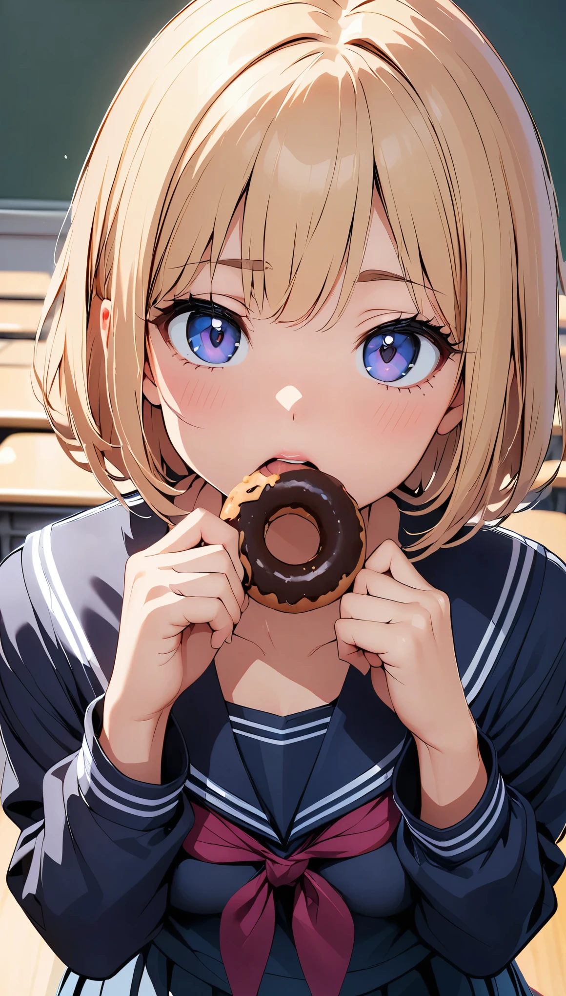 18 year old beautiful girl, JK, Sailor suit, masterpiece:1,2, Highest quality, 8K Animation, ((Thin fingers, Accurate Fingers:Thumb 1４)), Fingers holding a donut, School classroom background, 1 girl, alone, Light purple medium length hair, View your viewers:1.2, Chocolate Donuts, Open your mouth and suck, Glossy Lips, Looking up:1.2, focus on lips, Face Up Shot