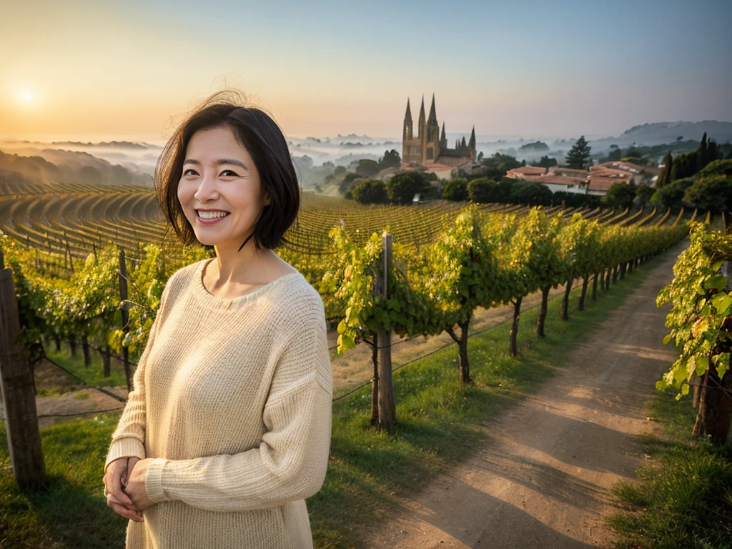 portrait、8k、high quality、realistic photo image、49 year old Korean woman, a chaste woman, Wrinkles around the eyes, Slender and beautiful woman, Reproduce natural and realistic eyes、beautiful black hair, short medium hair、mild anger、Composition of the Golden Ratio、laugh、High-end luxury brand long-sleeved t-shirt 、italian countryside dawn, smother, Endless vineyard, standing on a foggy hill, A cathedral can be seen far away in the fog.. 1 woman, beige casual pants, Canon 16-35 wide angle lens shot, 1 woman