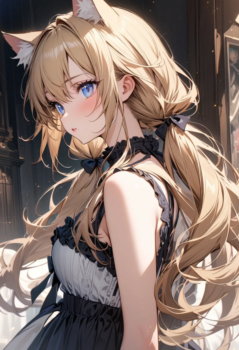 girl, blond hair, long hair, low twin tails, cat ears, beautiful, high detail, pretty, blue eyes