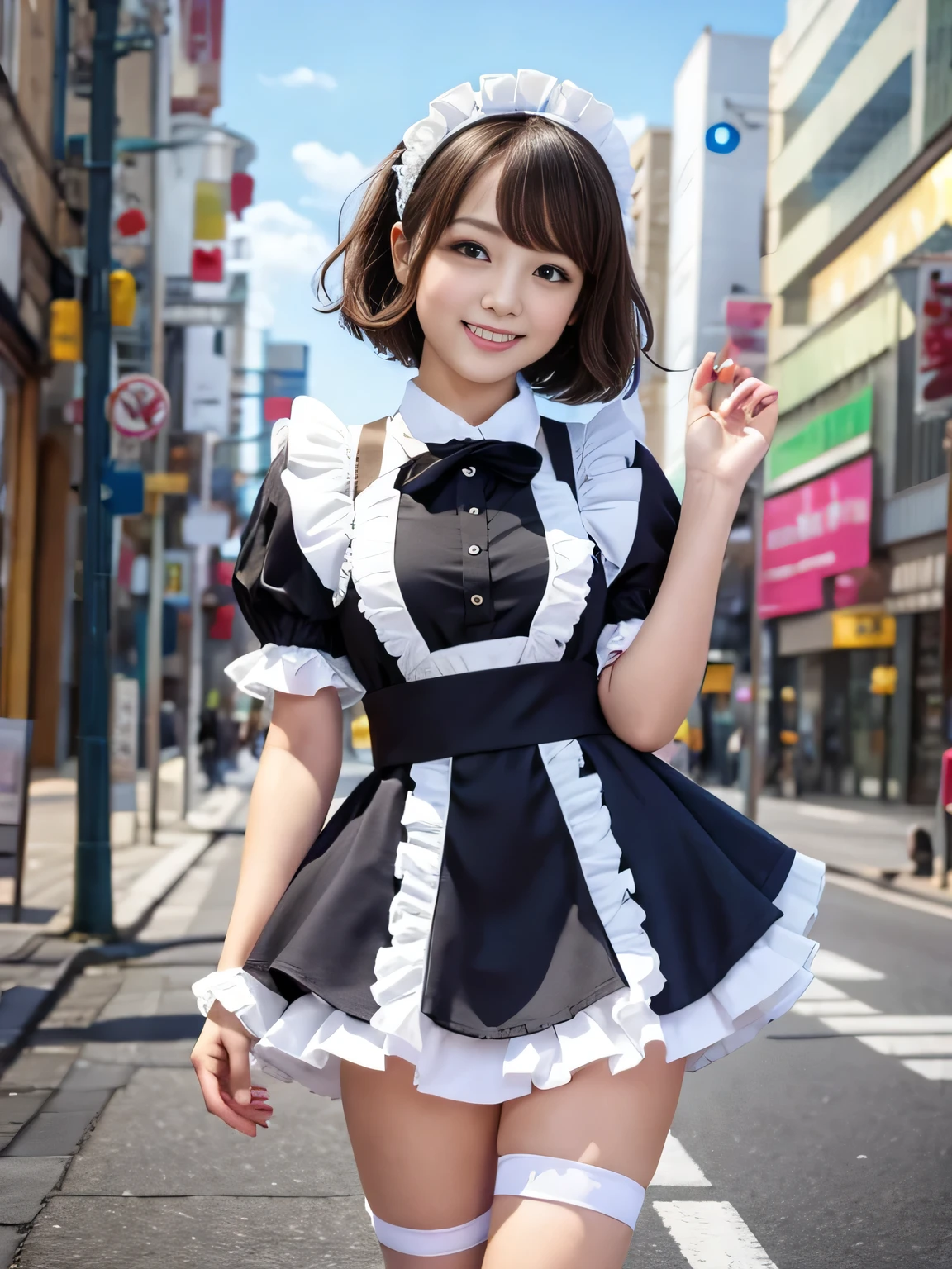((software: 1.4)), ((software, Super Short Hair, side lock hair, One Girl)), smile、smile、Smiling with teeth showing、Full Body Shot、Thighs、Run、Cityscape Ultra High Resolution, (Realistic: 1.4), RAW Photos, Highest quality, (PhotoRealistic Stick), concentrate, Soft Light, ((18-year-old)), ((Japanese)), (( (Young Face))), (surface), (Written boundary depth), masterpiece, (Realistic), Highly detailed wearing (( Frill and ribbon maid outfit)), bangs, ((1 girl)),(bust:1.5)
