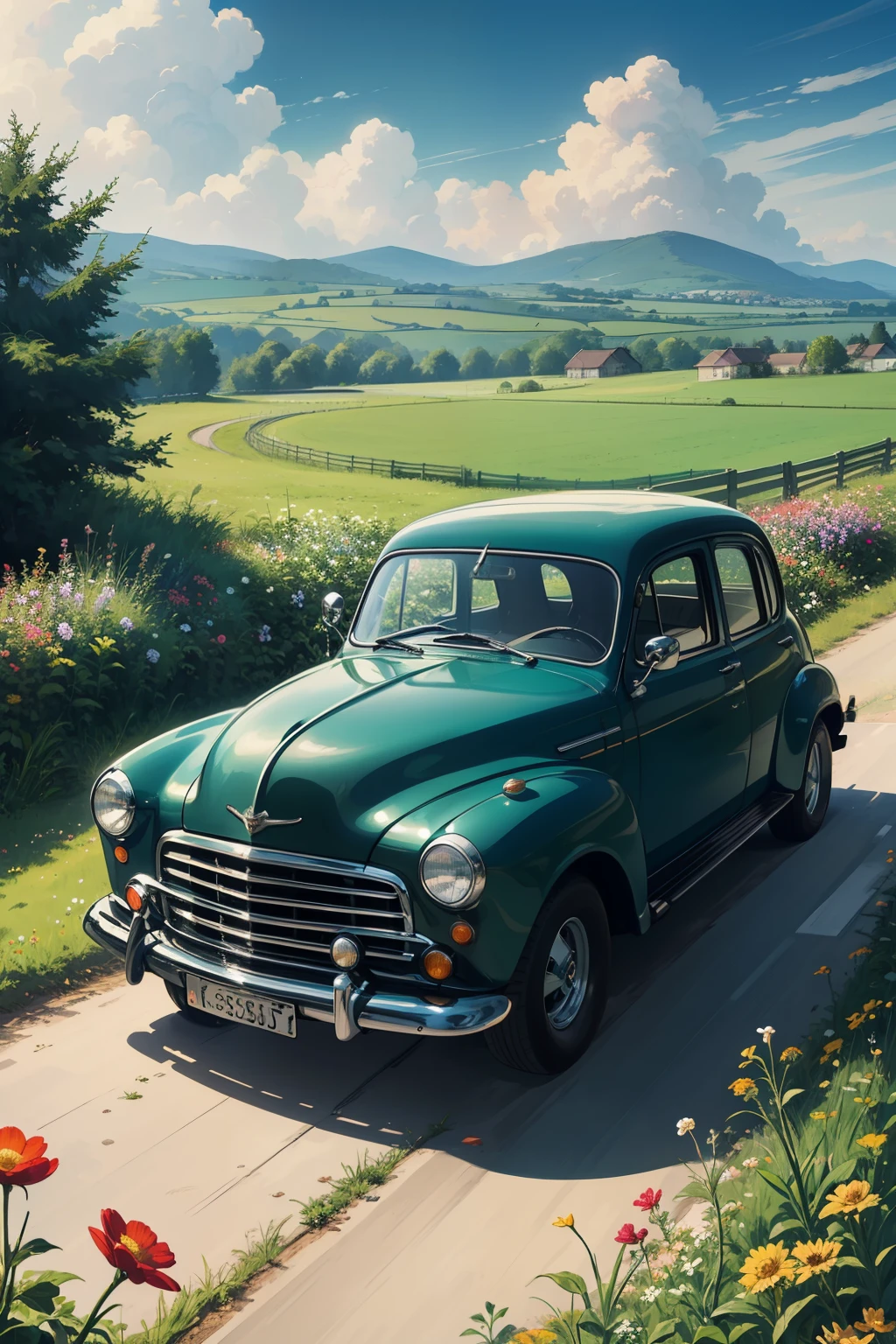 ((best qualityer)), ((work of art)), (detailded), 1 car, green field full of flowers