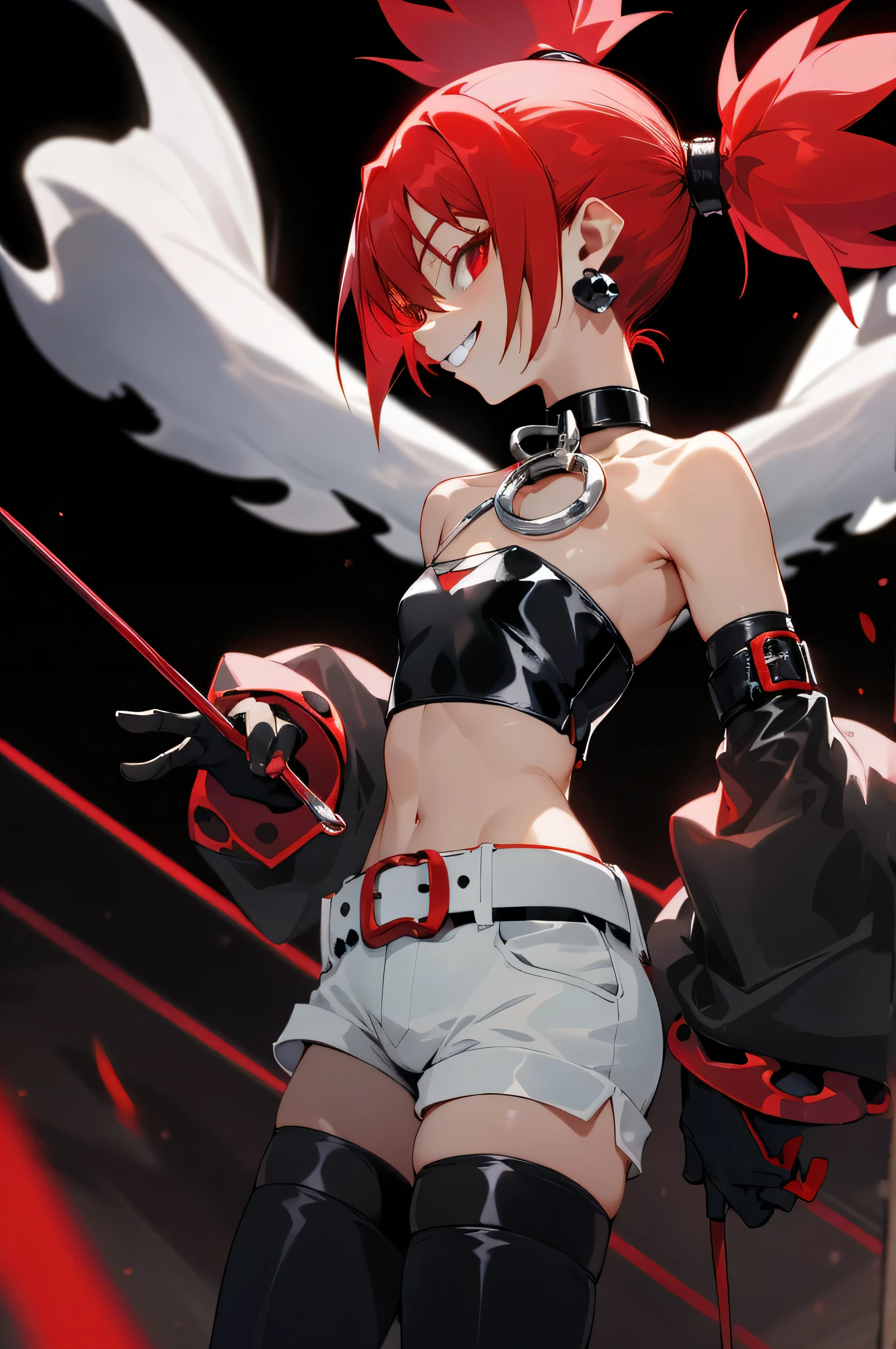 (highest quality、masterpiece:1.2) profile、Etna, red hair twintails、red eyes,devil、tall、long limbs、elbow gloves,thighhigh boots, (black tube top,black hot pants、choker、earrings、belt),sadistic smile,deep shaded face,,smile worst,worst ridecule,evil moukery,,,two hands,five fingers,black background,A face full of evil,Too evil ridicule,two legs,look down at viewer,