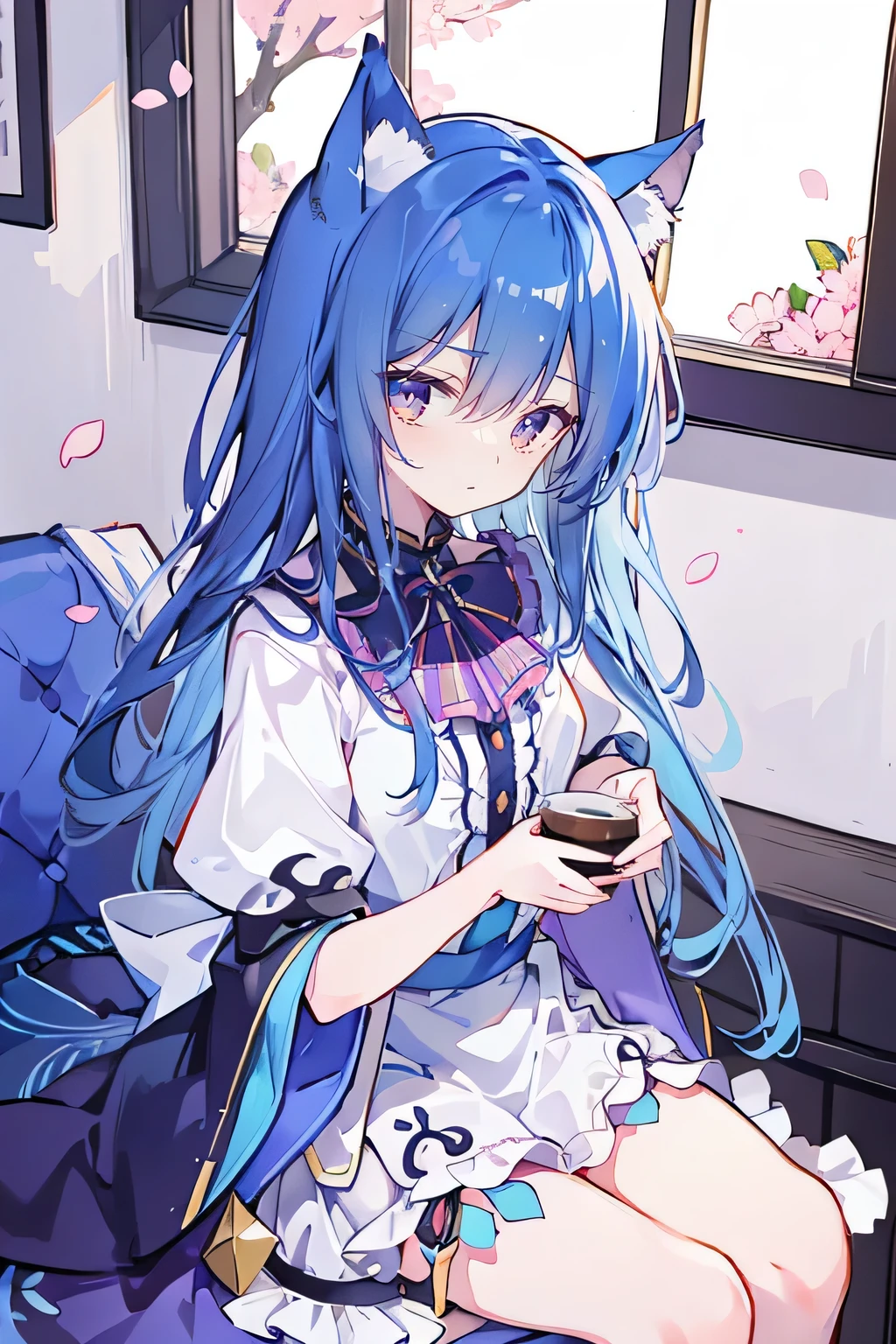 （masterpiece：1.2），Super detailed，lifelike，Expressive eyes，fair skin，perfect face shape，1 girl，
Japanese comics,Gorgeous blue hair,flowing blue hair,flowing clothes,Cat ears,Petals fall,beautiful lola,Baby Angel,
Shaking head with one hand，Cross your legs，，The pavilion is cool and comfortable,smile,back views,sunrise,Petals fall,sunrise，sitting on window sill drinking coffee and looking out the window。