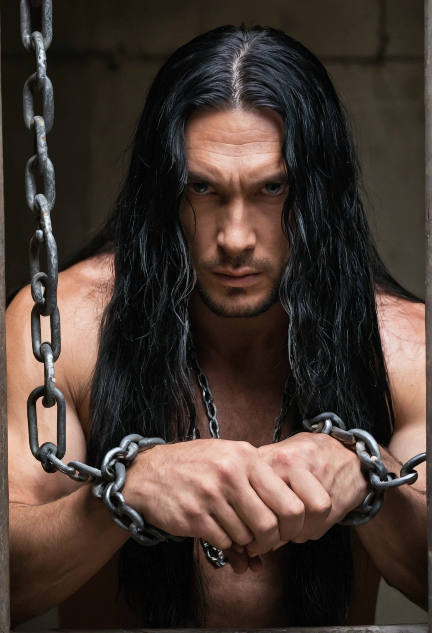 1 men, captive, long black hair, Eyes red, breaking chains
