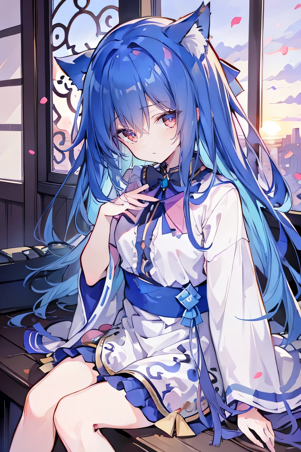 (masterpiece:1.2),Super detailed,lifelike,Expressive eyes,fair skin,perfect face shape,1 girl,
Japanese comics,Gorgeous blue hair,flowing blue hair,flowing clothes,Cat ears,Petals fall,beautiful lola,Baby Angel,
Shaking head with one hand,Cross your legs,,The pavilion is cool and comfortable,smile,back views,sunrise,Petals fall,sunrise,sitting on window sill drinking coffee and looking out the window。