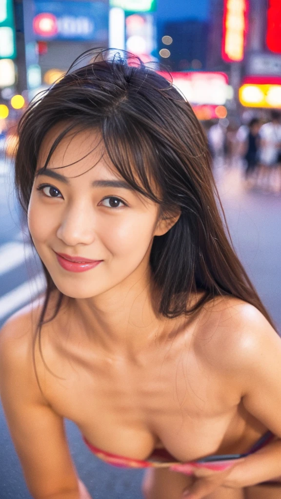 Browsing Caution:1.5,((Highest quality、8k resolution、Masterpiece、Portraiture:1.3)), Photorealistic, 35mm Film, 1 Japanese female, Upper Body,Beautiful woman, On the street during the day, Wrinkles around the eyes, Plump body、smile,((topless_naked:1.3)) , (Outdoor:City 1.3), Cluttered background,Looking at the audience,Tokyo cityscape:1.3,smile