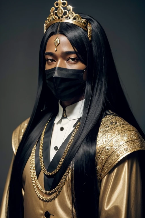 1 black man with long straight hair looking like a younger king with a crown on his head with a gothic mask on half of his face