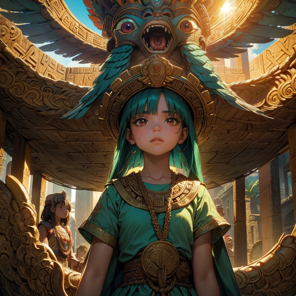 Childish, high quality、Very detailed、8Year、Mayan Aztec young priestess、Flying Feathered Serpent(Quetzalcoatl Kukulkan)look up at the sky and pray、Chichen Itza Forest Temple of the Sun、mysterious、