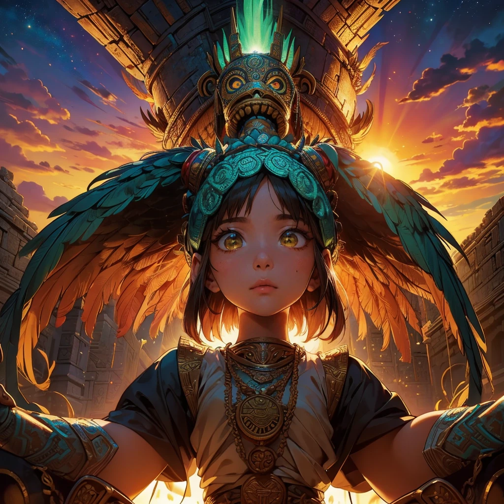 Childish, high quality、Very detailed、8Year、Mayan Aztec young priestess、Flying Feathered Serpent(Quetzalcoatl Kukulkan)look up at the sky and pray、Chichen Itza Forest Temple of the Sun、mysterious、