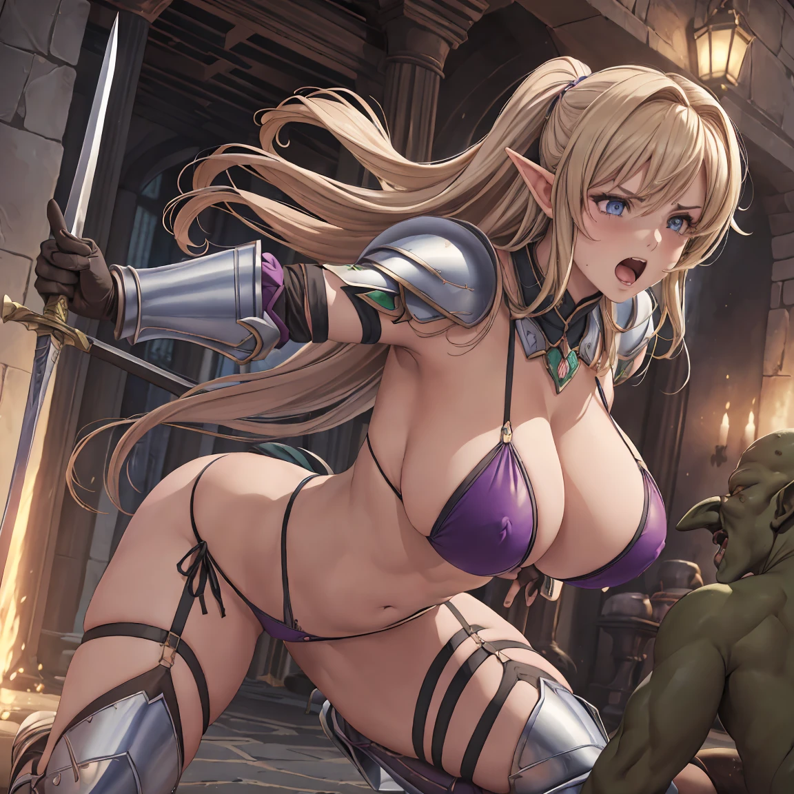 (Masterpiece, best quality, high-detail focused), perfectly & masterfully generated, 1girl, elf, mature milf, pointy ears, elven laurel, forest, blush, purple eyes, blonde hair, lipsticks, full shot, full body, (plated bikini armor:1.3), ((swinging sword of light with 1 hand), short plated greaves:1.3, shoulder pads, leather plated gloves, plated thong, bushy pubic hair:1.35, ready stance, action stance, low action stance battle ready - definitive action fantasy scene of woman-warrior swinging her sword, perfect hands, (inside elven church:0.5), angry disgusted battle-cry expression, eyes rolled back, with burly robust nudist goblin raiding her from behind, the goblins lashing out their huge cocks:1.2, (goblin's girthy penis with smegma) can be seen dangling hard:1.35, (goblins are jumping and hoarding groping molesting her body), moaning, the girl displaying ecstatic expression, BREAK, hentai_CG, side view,