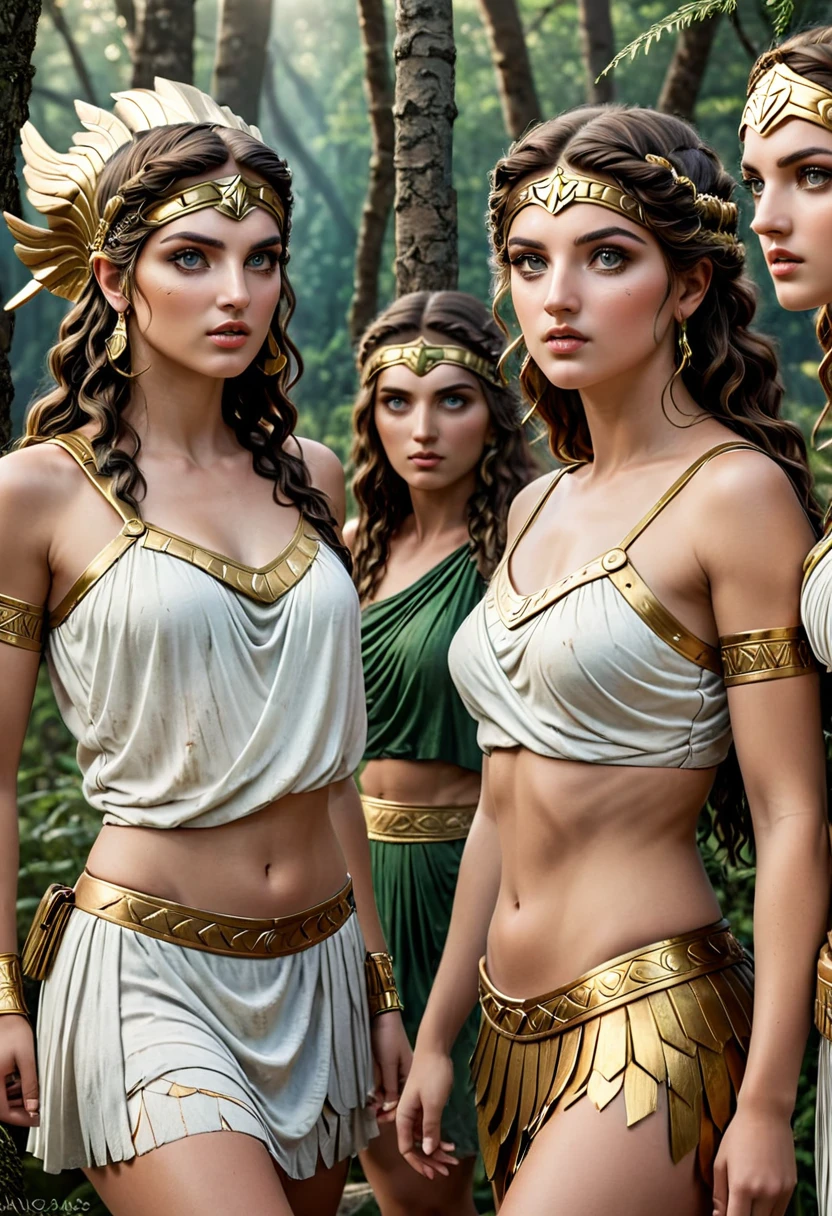 beautiful detailed eyes, beautiful detailed lips, cstatuesdxl, extremely detailed eyes and face, longeyelashes, 5 girls looking flirty to camera, sinnlich erregt, ancient greek warrior, durchtrainierte Bauchmuskeln, women in togas, diferent Hair Collor and styles, forest background, sandals, sexy, (best quality,4k,8k,highres,masterpiece:1.2),ultra-detailed,(realistic,photorealistic,photo-realistic:1.37), concept art, dramatic lighting, vibrant colors, cinematic