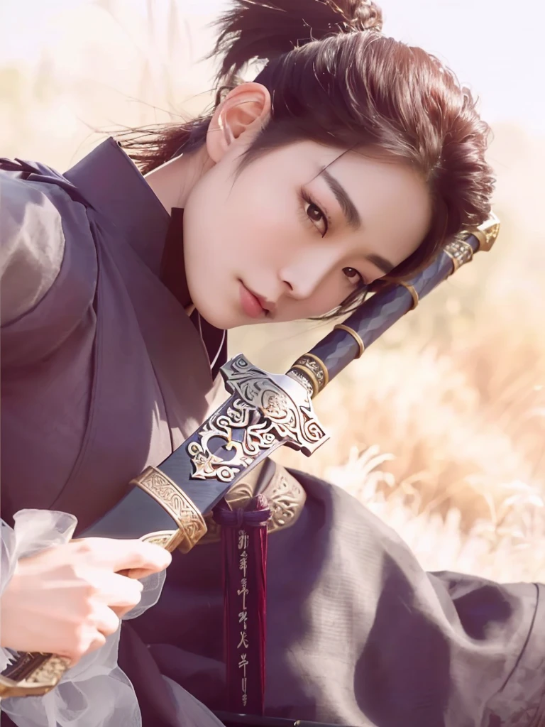 arafed asian woman holding a sword in a field, Cai Xu Kun, ornate korean polearm behind her, inspired by Zhu Derun, inspired by Yun Du-seo, Inspired by Zhang Han, inspired by Zhang Yan, she is holding a katana sword, portrait, inspired by Wu Bin, by Yang J, with big sword