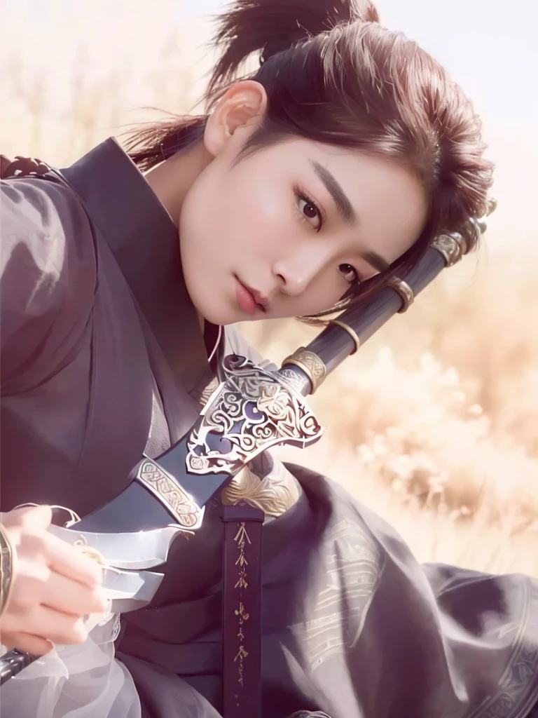 arafed asian woman holding a sword in a field, Cai Xu Kun, ornate korean polearm behind her, inspired by Zhu Derun, inspired by Yun Du-seo, Inspired by Zhang Han, inspired by Zhang Yan, she is holding a katana sword, portrait, inspired by Wu Bin, by Yang J, with big sword