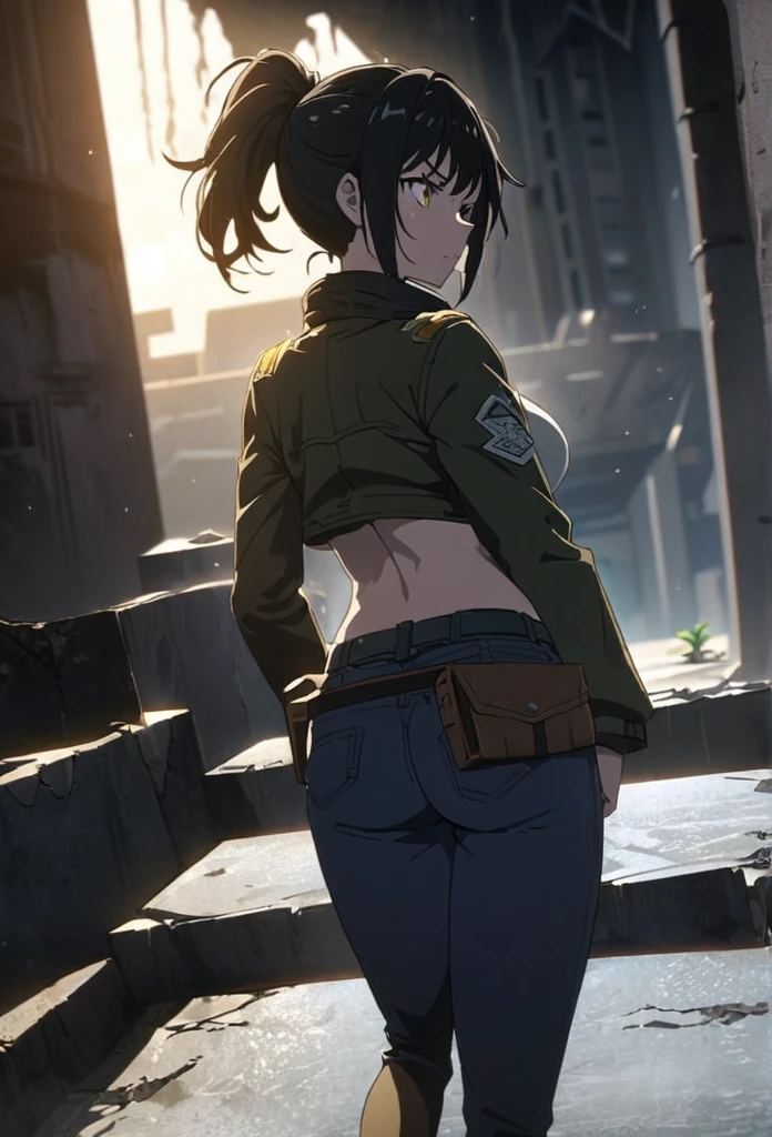 a girl, worn flight jacket, ripped jeans, determined, serious expression, standing, looking away, looking to the left, ponytail, messy hair, black hair, golden eyes, big eyes, slant eyes, Salute with the right hand, beautiful breasts, beautiful ass, toned body, long boots, waist pouch, Scene of Tension, outside, Rooftop, in the ruined city, with a starry sky, at night, dark atmosphere, in a dark and gloomy world, anime, 2d anime, hard-edged, soft surface, closeup shot, from behind, ground-level shot, golden triangle, sharpen, bloom, backlighting, in focus with blurred background, best quality, high quality, detailed, ultra detailed, hyper detailed, insanely detailed, exquisite, beautiful, Full-HD, 16K, highres, absurdres, woman, holding a pistol, 1thumb and 4 fingers,Perfect Hand Style,