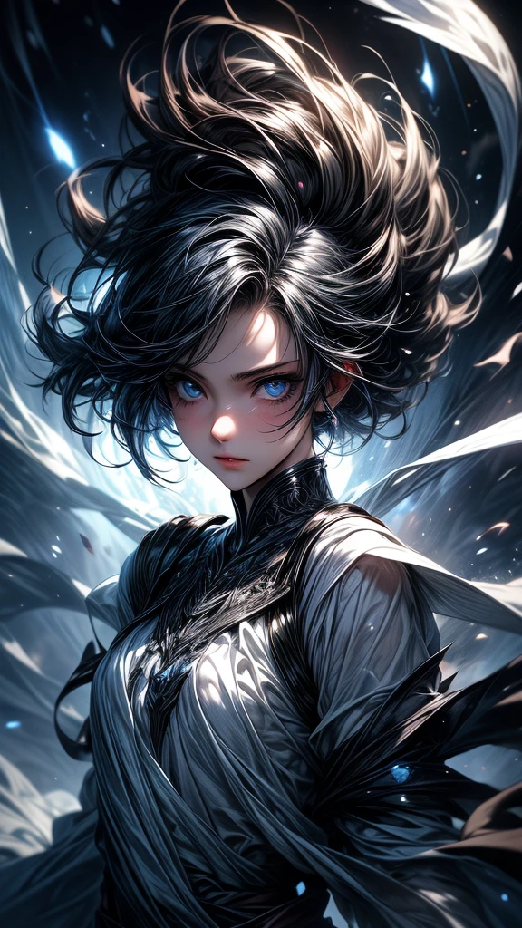 Masterpiece, best quality, high resolution, highly detailed, 1 young girl ( teenager 18 years old), young beautiful face,  black short hair ( light in the hair), blue eyes ( glowing eyes ), cold expression ( cold look ), wearing white and white clothes and pants, , surrounded by the splendors of the universe, pay attention to stunning details, and achieve a resolution of k, floating in a dynamic pose, high quality, with a majestic blue aura of authority. Blue aura emanating from the character, cold look, devoid of any emotion, dark background, detailed eyes, detailed face, beautiful , 