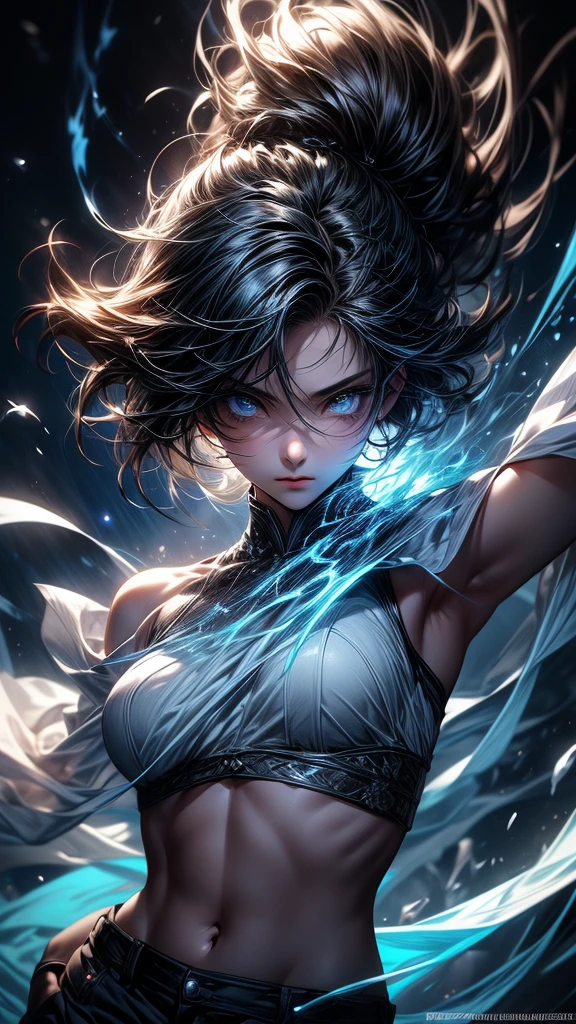 Masterpiece, best quality, high resolution, highly detailed, 1 young girl ( teenager 18 years old), young beautiful face,  black short hair ( light in the hair), blue eyes ( glowing eyes ), cold expression ( cold look ), wearing white and white clothes and pants, , surrounded by the splendors of the universe, pay attention to stunning details, and achieve a resolution of k, floating in a dynamic pose, high quality, with a majestic blue aura of authority. Blue aura emanating from the character, cold look, devoid of any emotion, dark background, detailed eyes, detailed face, beautiful , 