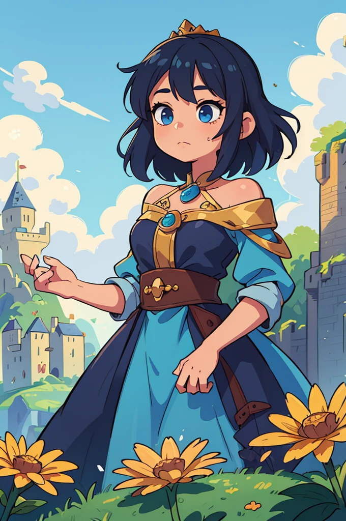 ((Best quality, masterpiece)),
1 girl, Princess,flowers, blue hair with brown gradient, blue dress with gold elements.Open, clouds in the background,Fantasy, medieval, castle in the background