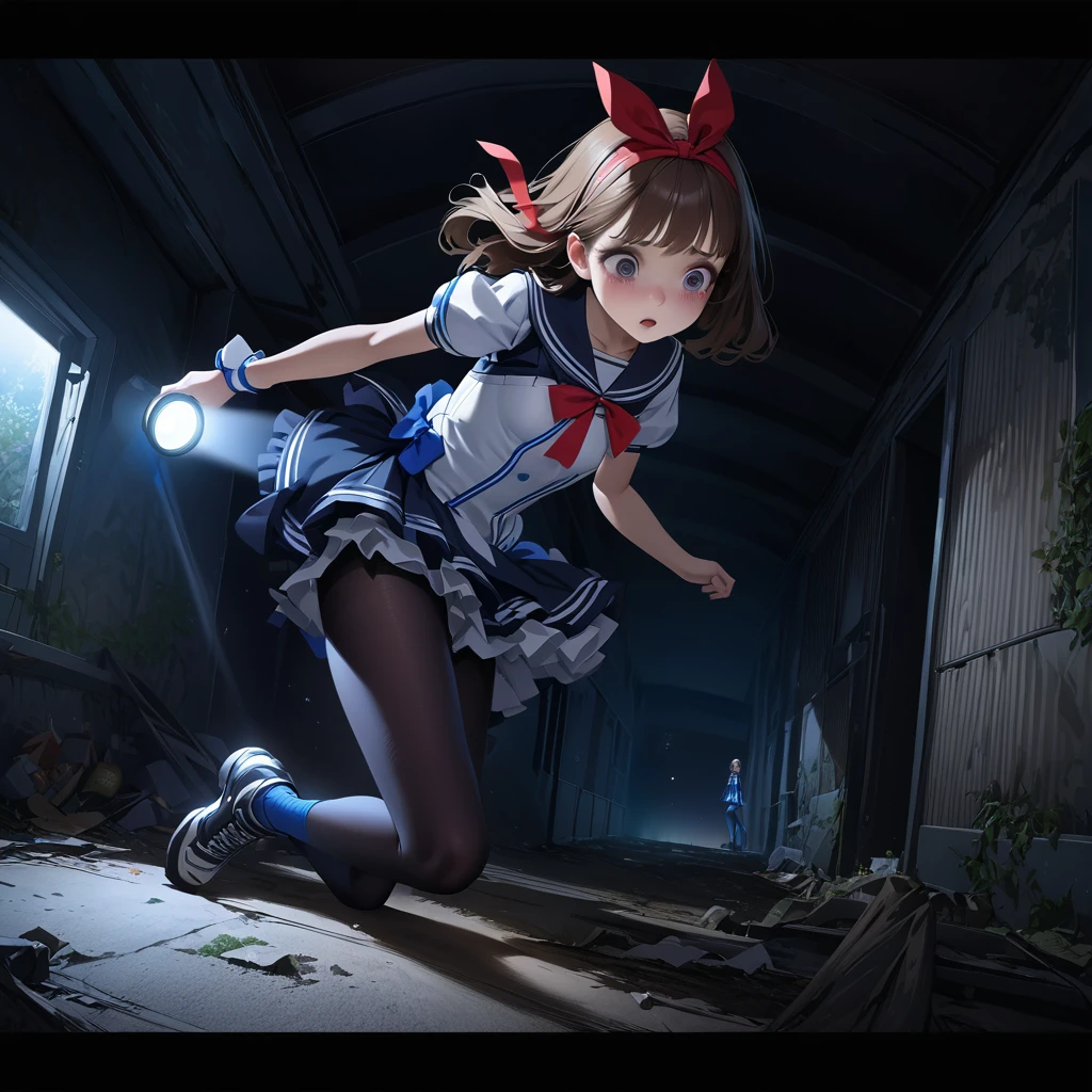 (Highest quality,4K,High resolution),Very detailed,Realistic, Japanese , Looks scared, Long brown hair,mysterious, Ecomodernism, Bokeh, Ribbon Headband,Small breasts,Futuristic Sailor ta Dress,Puff sleeves,White and blue,Colorful lighting, Red ribbon, Dark blue pantyhose,Sports boots, Have a flashlight, Walking alone through a haunted abandoned house, At night, Low Light, darkness, Very detailed, 4K. Blue tights, tumble, Fall down