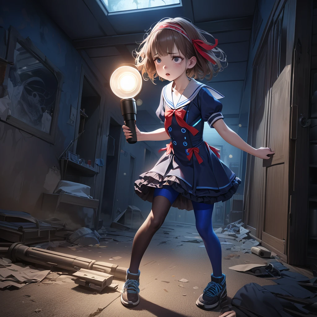 (Highest quality,4K,High resolution),Very detailed,Realistic, Japanese , Looks scared, Long brown hair,mysterious, Ecomodernism, Bokeh, Ribbon Headband,Small breasts,Futuristic Sailor Lolita Dress,Puff sleeves,White and blue,Colorful lighting, Red ribbon, Dark blue pantyhose,Sports boots, Have a flashlight, Walking alone through a haunted abandoned house, At night, Low Light, darkness, Very detailed, 4K. Blue tights, tumble, Fall down