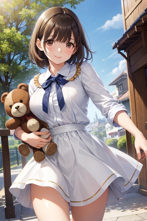 anegasaki nene、Shiny brown hair, short hair, (Beautiful brown eyes、Sparkling eyes, Fine grain)、smile、Ultra-detailed eyes、Highly detailed face, Highly detailed eyes,



Realistic、Octane Rendering、Morning Park、Woman dancing with a teddy bear、、smile