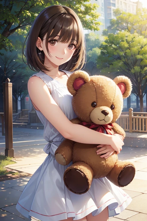 anegasaki nene、Shiny brown hair, short hair, (Beautiful brown eyes、Sparkling eyes, Fine grain)、smile、Ultra-detailed eyes、Highly detailed face, Highly detailed eyes,
Realistic、Octane Rendering、Morning Park、Woman dancing with a teddy bear、、smile