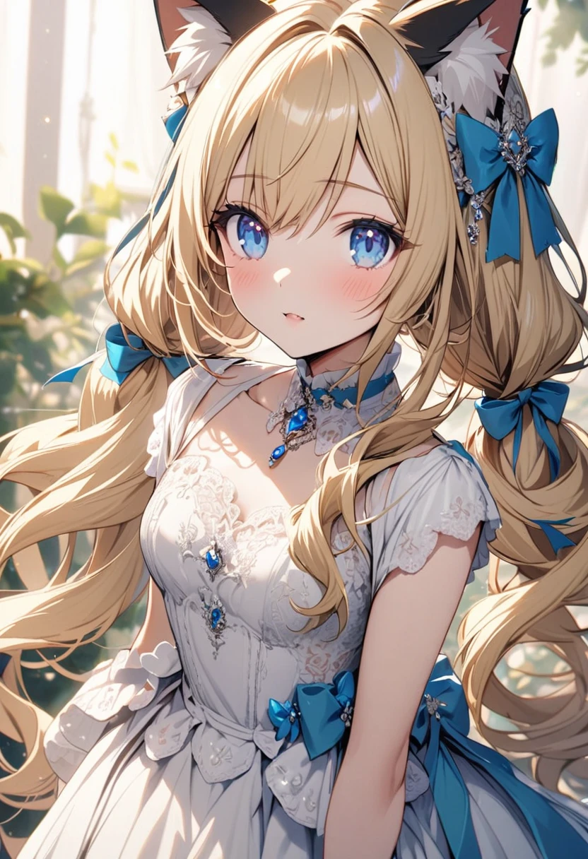 girl, blond hair, long hair, low twin tails, cat ears, beautiful, high detail, pretty, blue eyes, beautiful dress