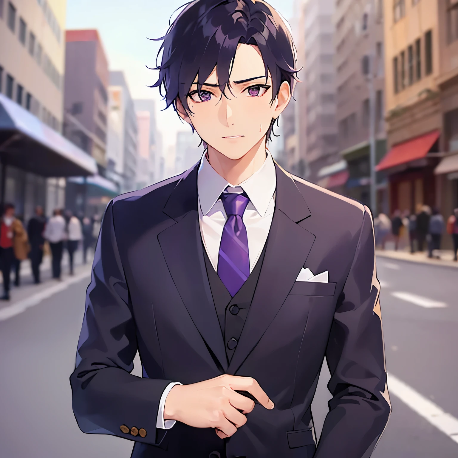 shiny skin,masterpiece,Highest quality,(27-year-old male:1.5),BREAK(Black short hair) and (Purple eyes)BREAK, (Wearing a suit:1.3) and (Purple tie:1.3),(sweat:1.2),(surprised:1.3),(Biologically correct5Finger),The background is in front of the station,(Alone:1.5)