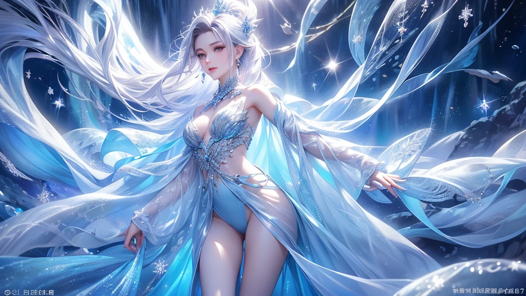 (1/2 photos:1.5)wood, Exquisite mini ice spikes and crystals, A frozen waterfall in the background, Light reflected by ice crystals, Flowing snowflakes.1 girl、pretty girl,A realistic person,Beautiful ,((small breasts)legs、Tight waist、standing